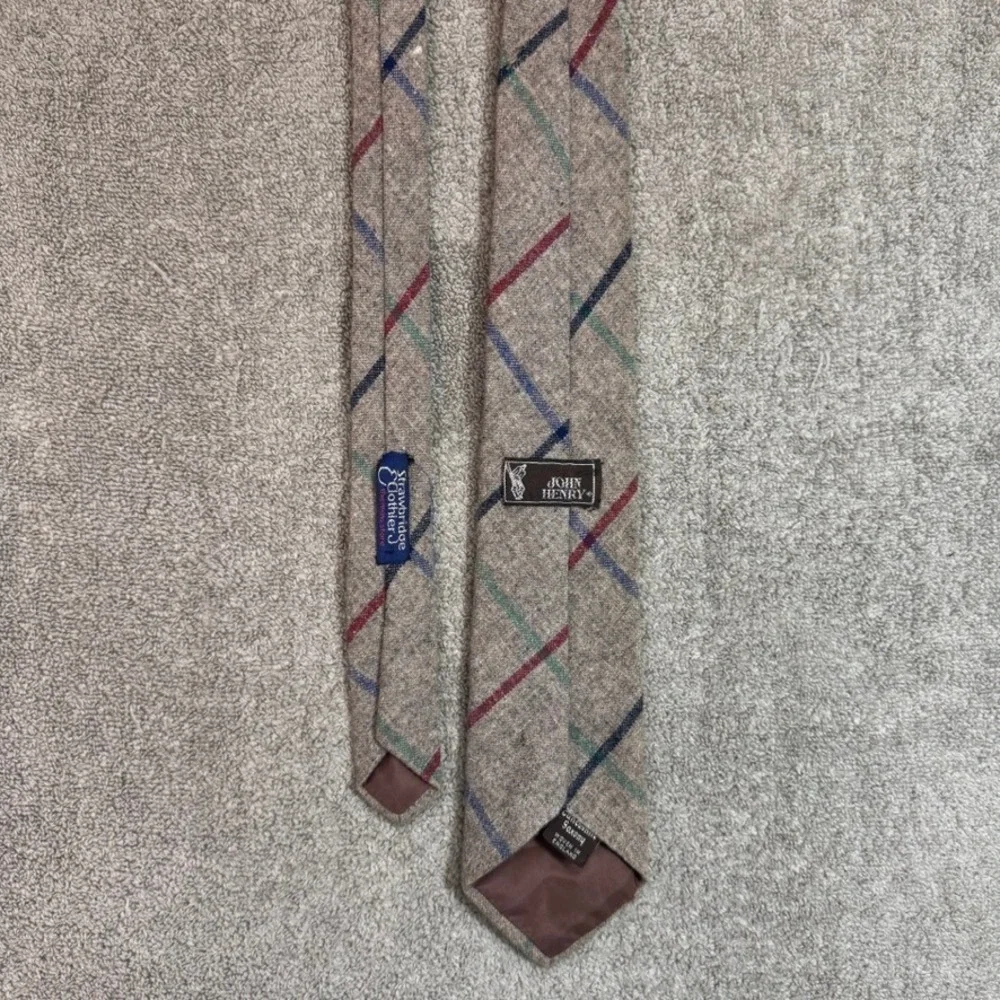John Henry Vintage Plaid Tweed Wool Blend Tie Tan Red Green Blue Strawbridge